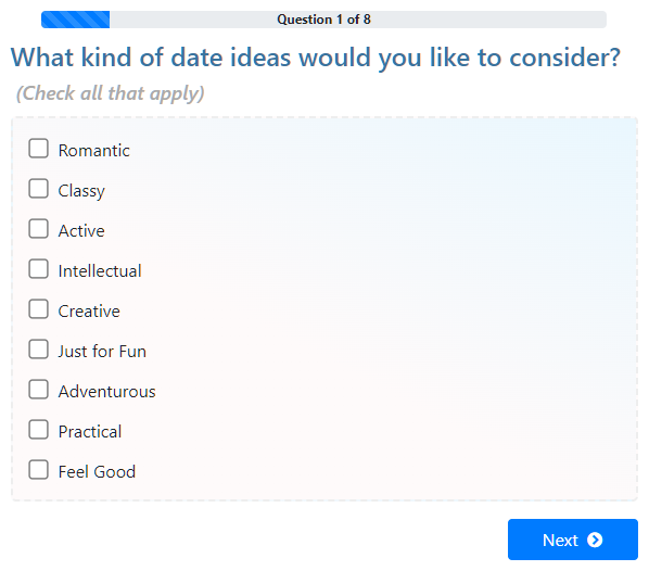 Random date night generator. Find great date ideas and activities for married couples.